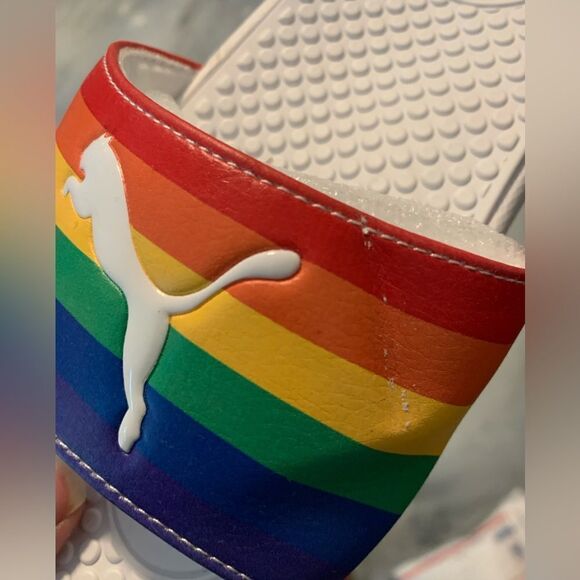 NWT New PUMA Cool Cat Sport Slides Sandals White Rainbow Pride Stripe Logo 7 - Picture 10 of 10
